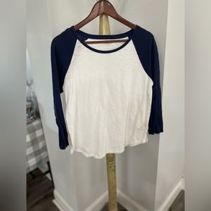 White and navy long sleeve tee.